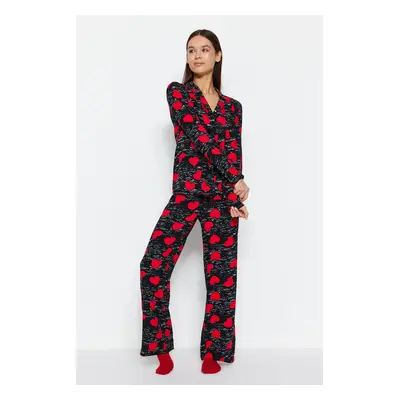 Trendyol Black Heart Viscose Shirt-Pants Woven Pajama Set