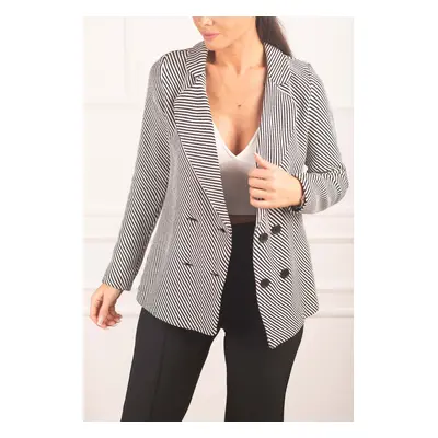 armonika Women's Black and White Striped Patterned Four Button Cachet Jacket