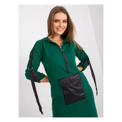 Dark green long sweatshirt with slits and hood