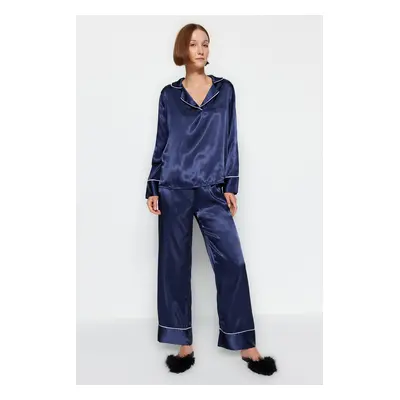 Trendyol Blue Piping Detailed Satin Shirt-Pants Woven Pajama Set