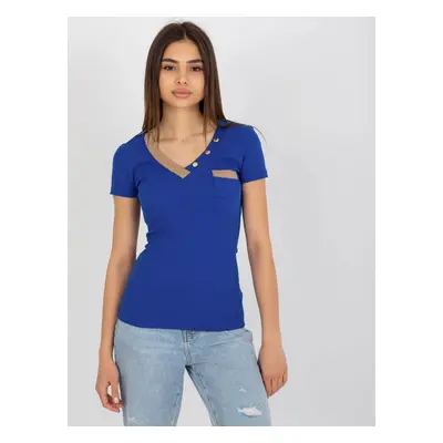 Dark blue ribbed blouse with short sleeves