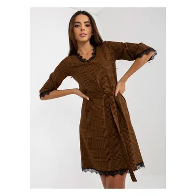 Light brown and black plaid cocktail dress with tie