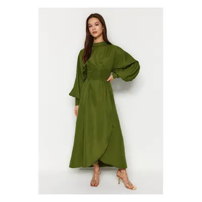 Trendyol Green Waist Draped Balloon Sleeve Self-Patterned Evening Dress