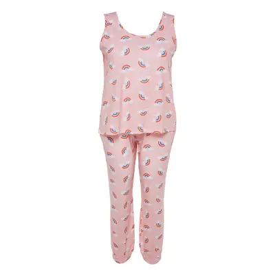 Trendyol Curve Light Pink Rainbow Patterned Knitted Pajamas Set