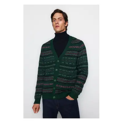 Trendyol Green Slim Fit V Neck Jacquard Knitwear Cardigan