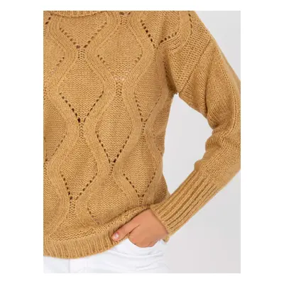 RUE PARIS camel openwork sweater with turtleneck