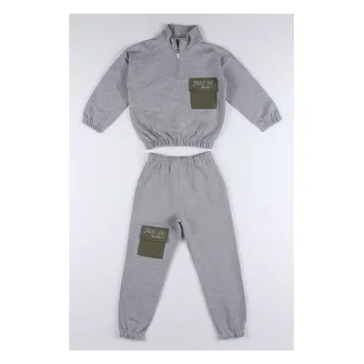 zepkids Girl's Gray Colored Just Do Printed Tracksuit Set with Pockets, Zipper and Elastic Waist