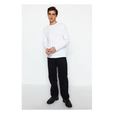 Trendyol White Basic Regular/Real Fit Crew nyakú hosszú ujjú 100% pamut póló