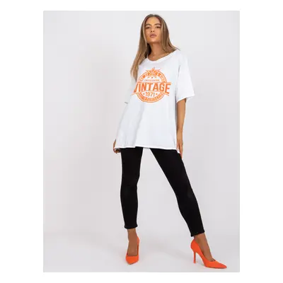 White and orange cotton T-shirt with application