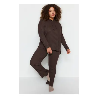 Trendyol Curve Brown Hooded Relaxed Camisole Plus Size Bottom-Top Suit