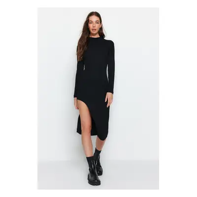 Trendyol Black Ribbed Deep Slit Detail Fit Midi Stretch kötött ruha