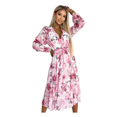 Chiffon midi dress with long sleeves and neckline - white with light pink flowers