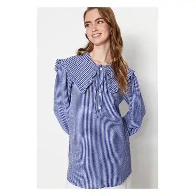 Trendyol Blue Baby Collar Gingham Patterned Woven Tunic