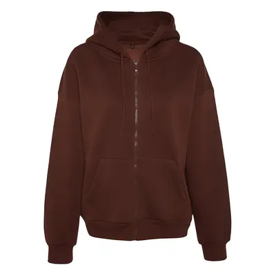 Trendyol Brown Oversize/Comfortable Fit Basic Hooded Knitted Sweatshirt with Fleece Inside