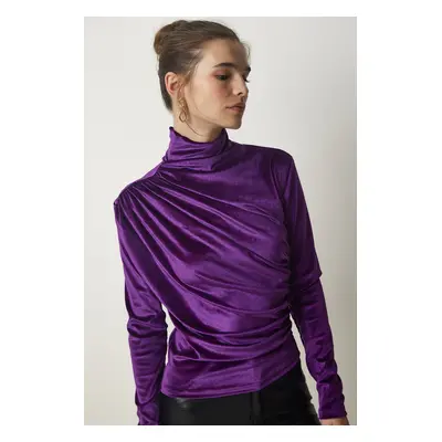 Happiness İstanbul Women's Purple Gathered Collar Elegant Velvet Blouse