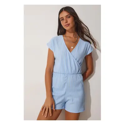 Happiness İstanbul Women's Sky Blue Knitted Jumpsuit with Wrapover Collar