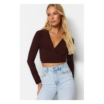 Trendyol Brown Double Breasted Collar Fitted Crop Stretchy Blouse