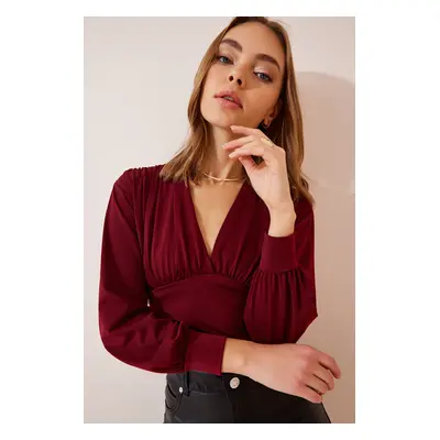 Happiness İstanbul Women's Burgundy Deep V Neck Crop Sandy Knitted Blouse