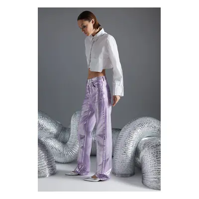 Trendyol Lilac Shiny Metallic Print High Derék Wide Leg farmer