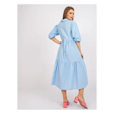 Cotton midi dress RUE PARIS light blue color with ruffle