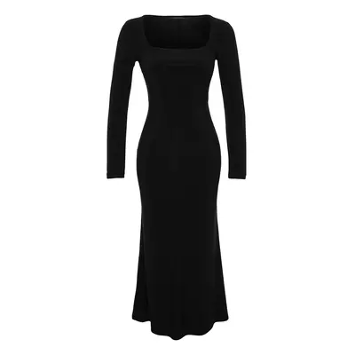 Trendyol Black Flounced Square Neck Fitted Maxi Stretchy Knitted Dress