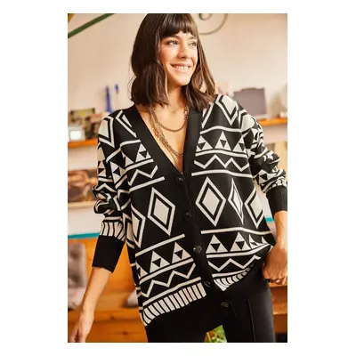 Olalook Women's Black Ethnic Pattern Oversize Knitwear Cardigan