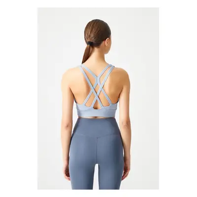 LOS OJOS Blue Gray Supported Back Detailed Covered Sports Bra