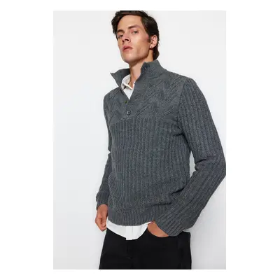 Trendyol Grey Unisex Fit Half Turtleneck Buttoned Knit Sweater