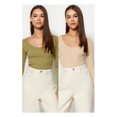 Trendyol 2-Pack Khaki-Beige V-Neck Fitted Cotton Stretch Knit Blouse