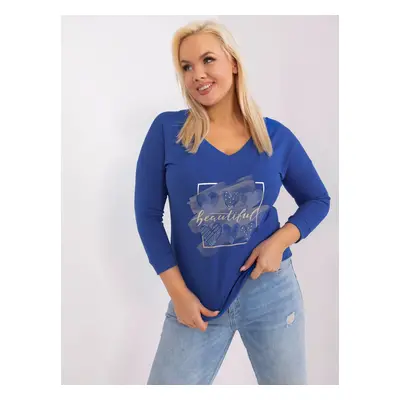 Cobalt blue plus size blouse with rhinestone appliqué