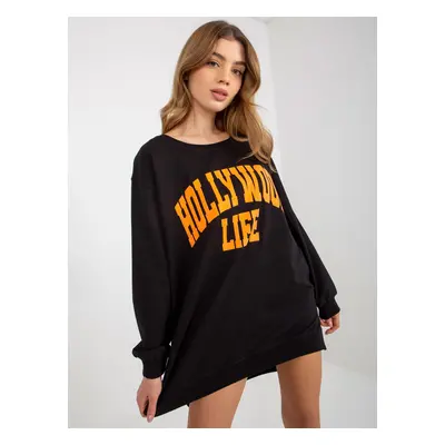 Black-orange oversized long sweatshirt with slogan