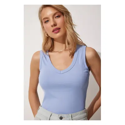 Happiness İstanbul Women's Sky Blue V-Neck Corduroy Crop Top