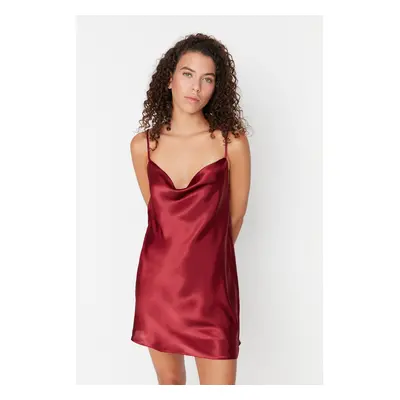 Trendyol Burgundy Degaje Collar Back Detailed Rope Strap Satin Woven Nightdress