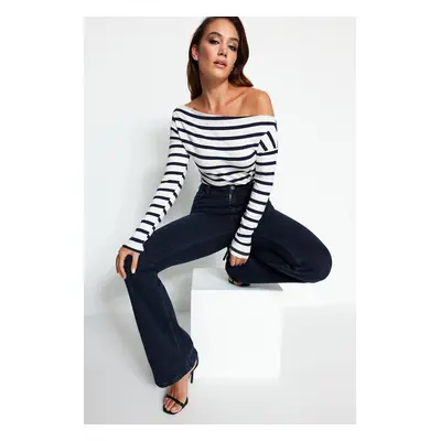 Trendyol Navy Blue Striped Premium Soft Fabric Fitted Boat Neck Knitted Blouse