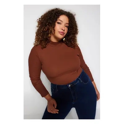 Trendyol Curve Brown High Neck Bodycone Ribbed Knitted Blouse