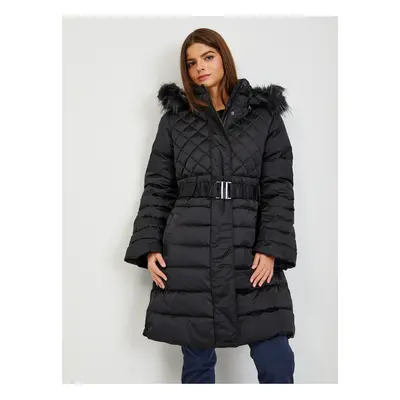 Black women's down winter coat with detachable hood and fur Guess Lolie