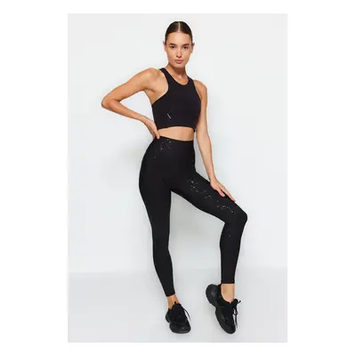 Trendyol Black Recovery Shiny Fabric részletesen kidolgozott teljes hosszúságú kötött sportleggi