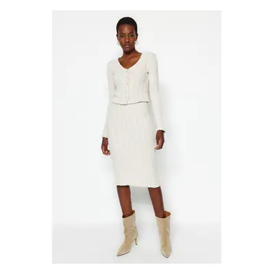 Trendyol Stone Button Detailed V Neck Crop and Midi 2-Piece Cardigan Skirt Knitted Suit