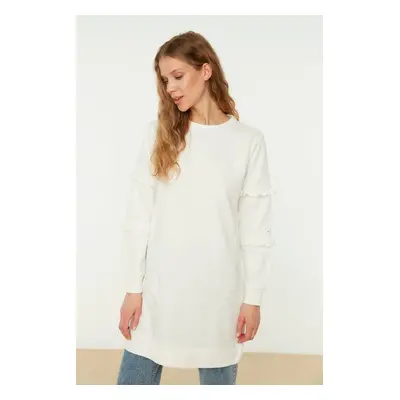 Trendyol Ecru Crew Neck Sleeves Ruffled Knitted Tunic