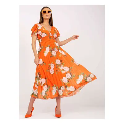 Orange floral pleated dress in midi length