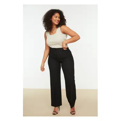 Trendyol Curve Black High Waist Ribbed Stitched Spanish Leg Woven Fabric Trousers