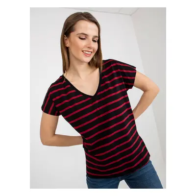 Black and Red Women's Basic Striped Cotton T-Shirt