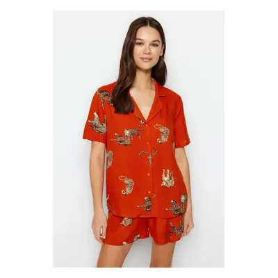 Trendyol Tile Animal Pattern Viscose Shirt-Shorts Weave Pajamas Set