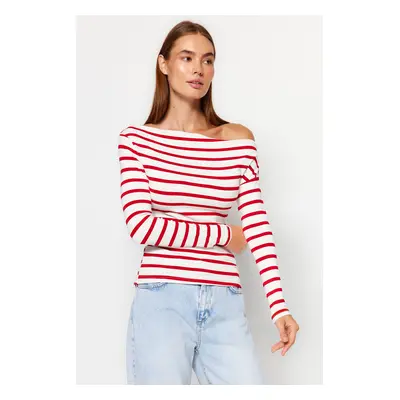 Trendyol Red Striped Premium Soft Fabric Fitted Boat Neck Knitted Blouse