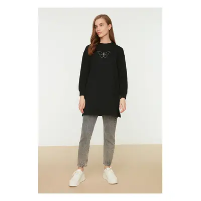 Trendyol Black Crew Neck Slit Detailed Printed Knitted Sweatshirt