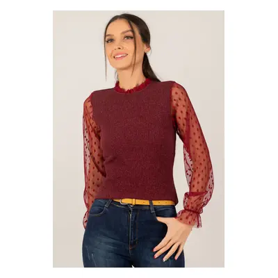 armonika Women's Burgundy Sleeve and Collar Tulle Ribbed Knitwear Sweater