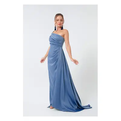 Lafaba Women's Indigo One-Shoulder Satin Evening & Prom Dress