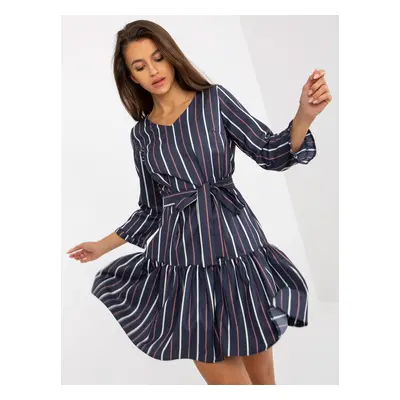 Navy Blue Flared Cocktail Dress with Stripes