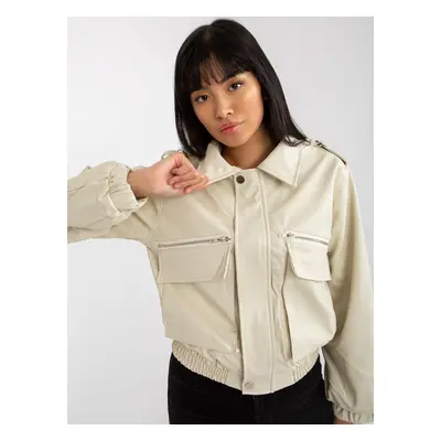 Light beige short eco-leather jacket with collar