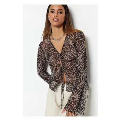 Trendyol Light Brown Patterned Tie Detailed Tulle Flexible Knitted Blouse